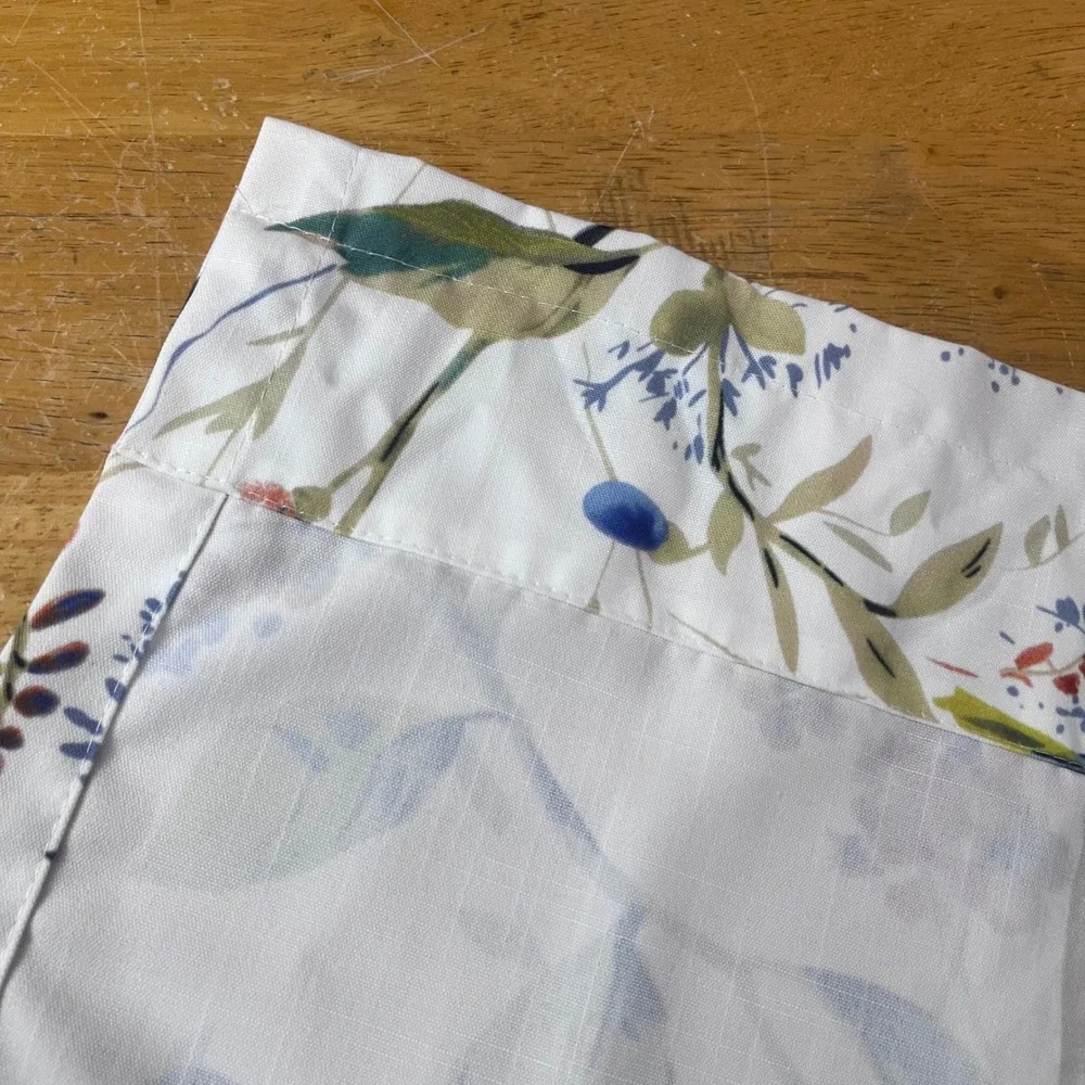 Bird Floral Linen Window Valance 52x12 White Blue Botanical Print Handmade